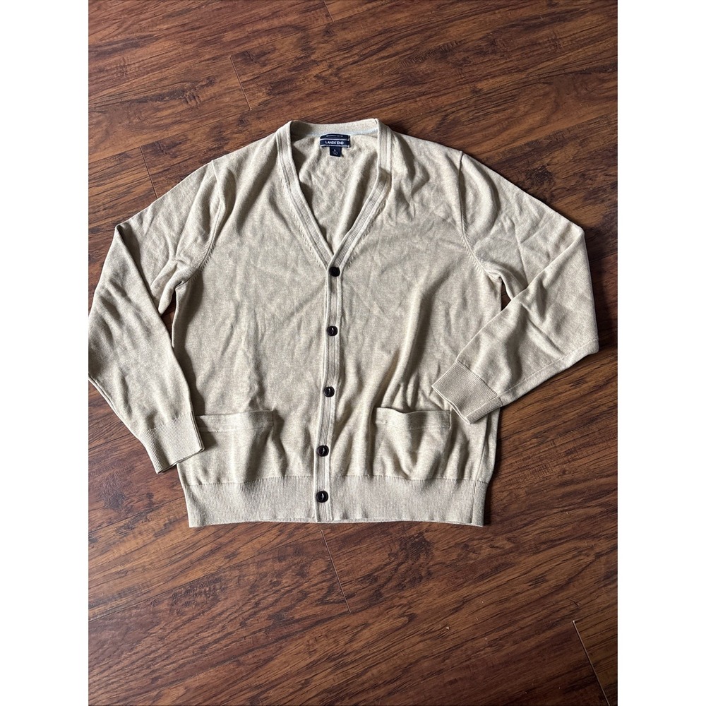 Lands' End Men's Navy Tan Cardigan Sweater 100% Supima Cotton Medium Preppy LG